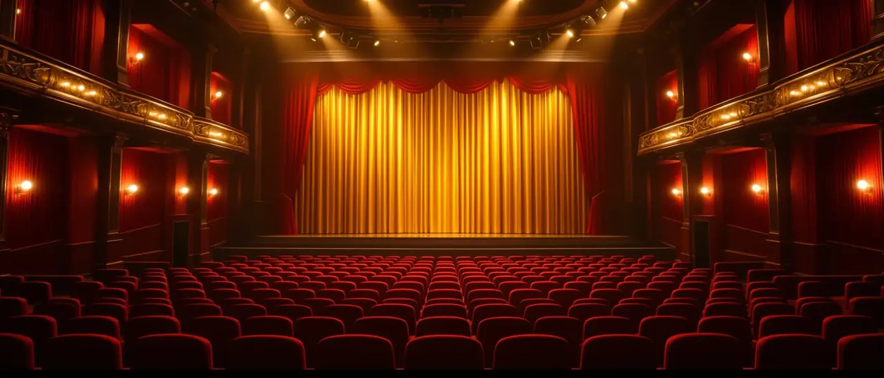 暖光剧场红色座椅与金色光束氛围背景